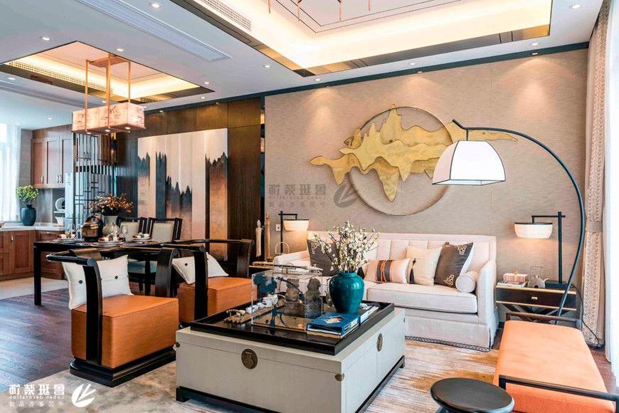 大华曲江公园世家,新中式风格效果图,沙发背景墙设计
