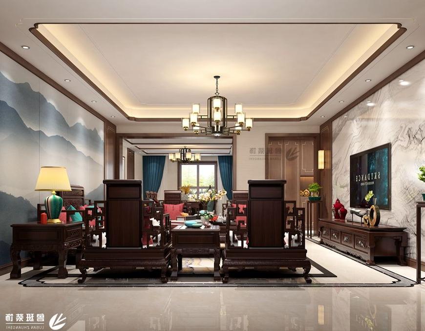 中海长安府,新中式风格效果图,客厅设计