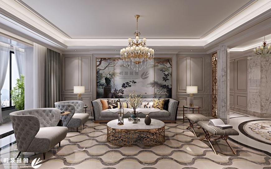 国金华府,法式轻奢风格效果图,客厅沙发背景墙设计